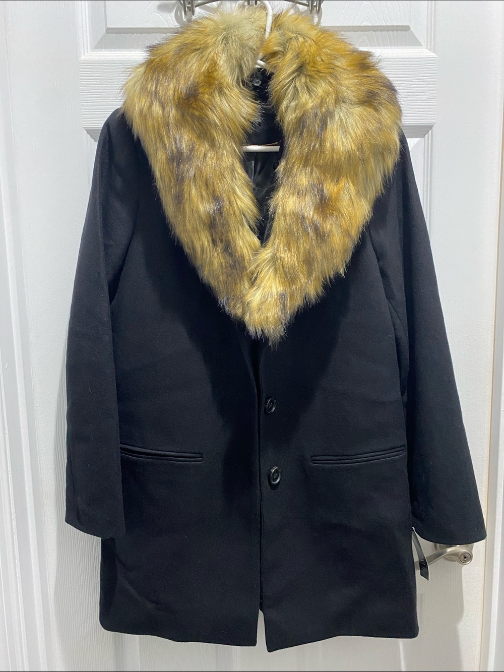 INC International Concepts Black Single-Breasted Pea Coat with Removable Fur